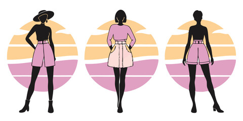 Fashionable Women Silhouettes Vector, Trendy Summer Outfits, Casual Street Style, Female Models Standing Back View with Sunset Background