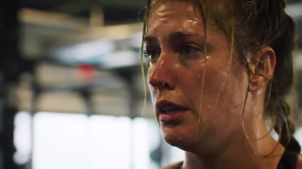 Fitness, woman and tired with breathing at gym for intense workout challenge and exhausted of training. Athlete, person and overworked with fatigue at wellness club for break, recovery and sweating