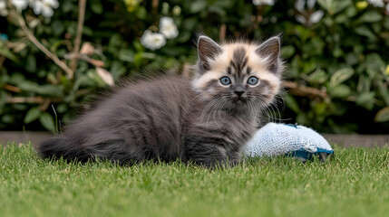 Fototapeta premium Playful Wet Kitten in Garden