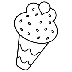 Retro Ice Cream Cone Outline with Scattered Heart Sprinkles