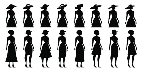Women Silhouettes Vector Set, Fashion Female Figures in Various Poses, Vintage Style Lady Outlines for Design and Illustration