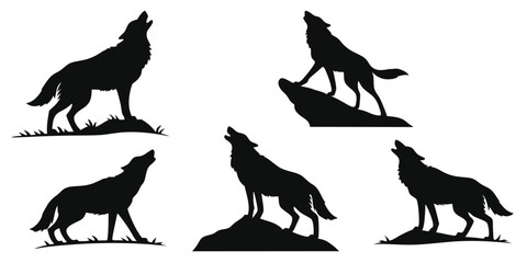 Wolf Silhouettes Vector Set – Howling Wolves, Standing and Walking Wild Animal Vectors for Nature and Wildlife Designs