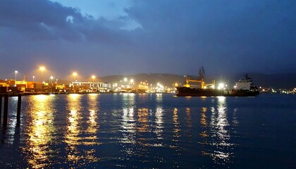 Fototapeta premium Nighttime Harbor Scene with Illuminated Port and Reflections on Calm Water Under Cloudy Sky