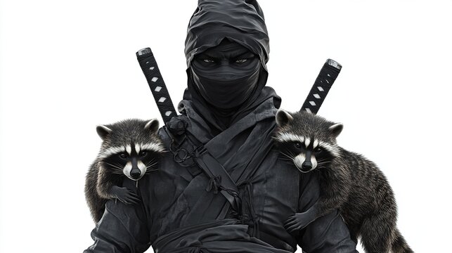 Ninja warrior with two raccoons. (1)