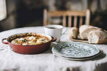 Cozy breakfast setting with baked dish, fresh bread, and coffee on rustic table