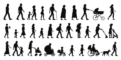 Human Life Cycle Growth Stages Vector - Silhouette of Age Progression from Baby to Elderly with Family and Childcare Activities