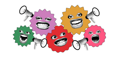 Pop-art collage of exaggerated facial expressions on protest shapes with megaphones, illustrating...