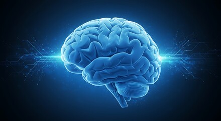 Glowing Blue Brain Illustration with Electric Sparks on Dark Background