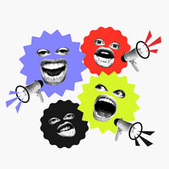 Surreal composition of pop-art faces with protest eyes and mouths in vivid contrast, showing public...