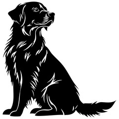 Vector illustration of a seated black dog with a focus on details in fur texture