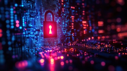 Red padlock over abstract blue and red circuit board digital background.