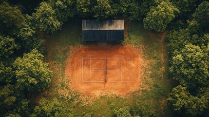 Aerial view of a secluded tennis court in the woods.