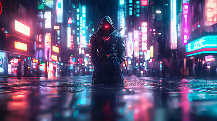 Obraz premium Dark Figure In Neon Lit Rainsoaked City At Night