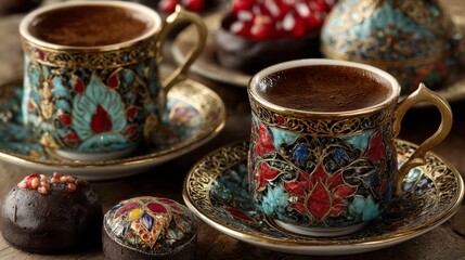 Fototapeta premium Two ornate coffee cups with colorful floral designs, sitting on saucers alongside decadent chocolate sweets and pomegranate seeds.