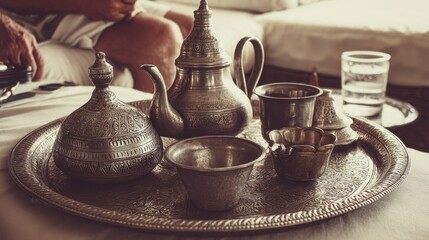 Fototapeta premium Ornate silver tea set on a tray, indoor setting, soft lighting.