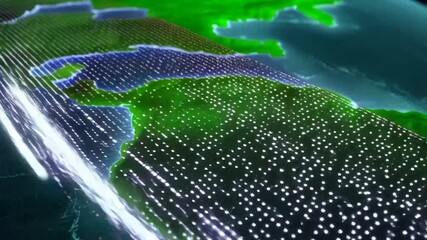 An animation showcasing digital data streams and processing activity overlaid on a green-toned world map. The background features circuit lines, glowing nodes, binary codes, and motion graphics repres - Powered by Adobe