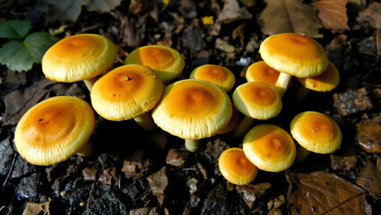 Fototapeta premium Cluster of Golden Mushrooms Growing in Damp Forest