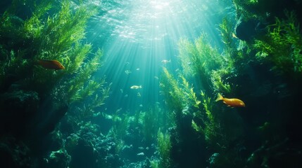 Fototapeta premium Underwater Scene with Sunlight Rays, Green Algae, and Goldfish