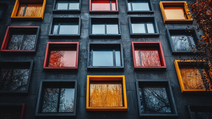 Vibrant urban landscape showcasing modern architecture with colorful gradient windows in a contemporary city atmosphere