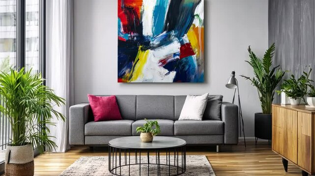 Vibrant abstract art piece in modern living room.  Large canvas painting with bold colors and dynamic brushstrokes.  Contemporary furniture and houseplants complement the artwork