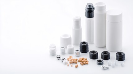 Various plastic containers and components arranged on a white background, showcasing different shapes and sizes, and industrial and manufacturing concept.