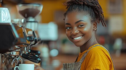 African barista smiles preparing coffee at espresso machine, showcasing her skill and cheerful hospitality.