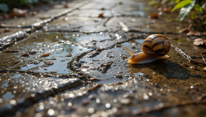 Snail Crawling on Wet Pavement After Rain Close-Up Macro Photography