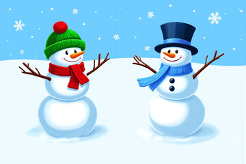 couple of snowmen standing next to each other in the snow