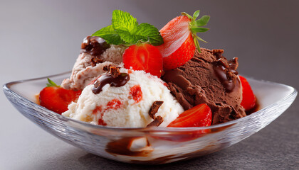 Appétissante coupe de glace et de sorbet avec des fraises
