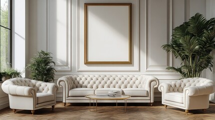 Elegant living room with white sofa armchairs and blank picture frame on wall.