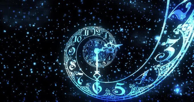 A glowing blue spiral clock floats among countless shining particles, creating a dreamlike fusion of time and space. The intricate clock design, combined with the starry background, evokes a sense of