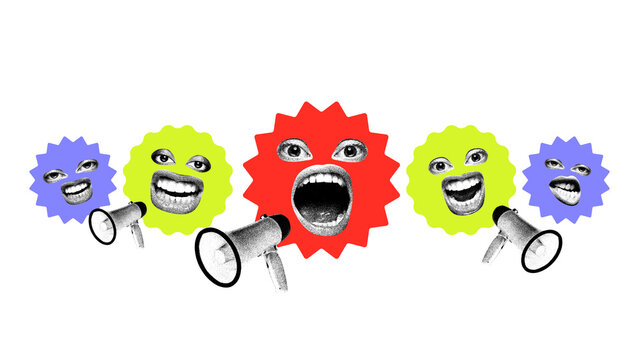 Contemporary artwork. Row of stylized talking bursts and megaphones displays public reaction to global stress. Concept of economic, financial crisis and depression, protest, social issues, alarm