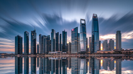 Fototapeta premium City skyline reflecting on water captured with long exposure showing streaking clouds at twilight.