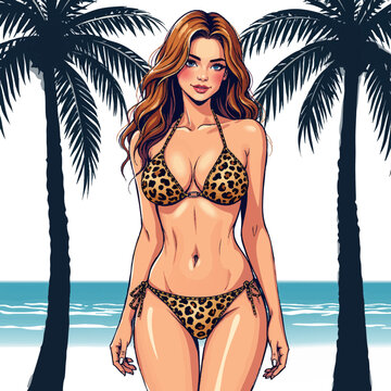 a woman in a bikini on the beach with palm trees