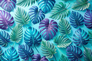 Seafoam to periwinkle with tropical monstera leaf shadows