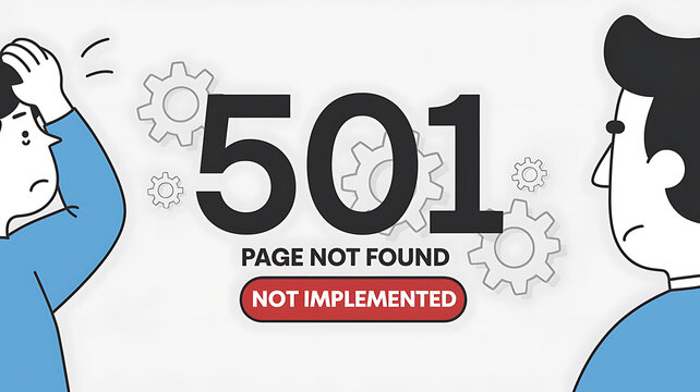 Error message 501 Page Not Found displayed with distressed figures and cogwheel graphics.