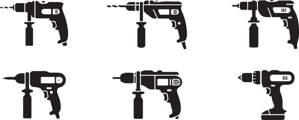 Six Black Silhouettes of Electric Drills and Screwdrivers