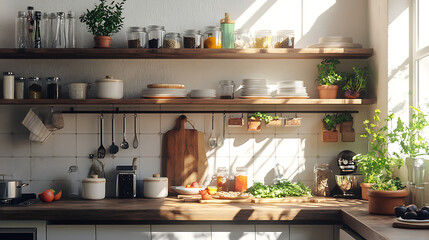 Sunny Mediterranean Kitchen with a Light Summer Breakfast and Lush Greenery