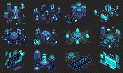 Set of isometric modern technology concept for cloud computing, datacenter, database, artificial intelligence, and blockchain technology. Isometric technology