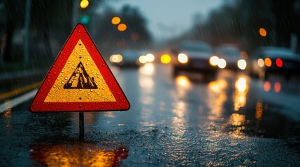 Slippery road sign stands alerting traffic to wet, hazardous conditions affecting driving visibility safety.