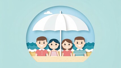 A cheerful illustration of four children enjoying a sunny beach day under an umbrella, with waves and sand in the background.