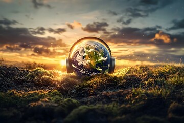 Global Harmony: Earth enveloped in headphones, set against a sunset landscape, reflecting the beauty and harmony of nature, emphasizing global unity through the universal language of music.