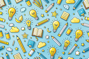 Sky blue to lemon yellow with playful doodles of books lightbulbs and pencils