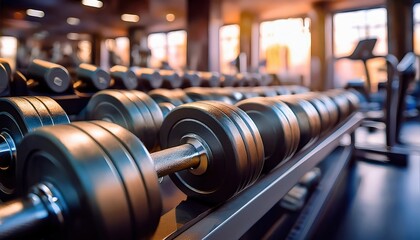 Dumbbells arranged neatly in a contemporary fitness center illuminated by late afternoon sunlight.
