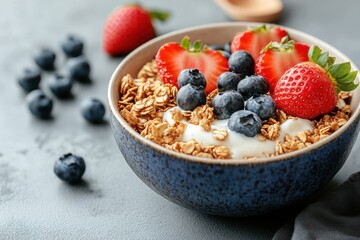 Fresh Fruit and Granola Bowl with Yogurt and Berries on Table