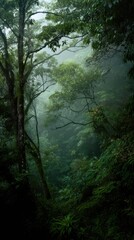 Dense rainforest with a misty atmosphere, a lush tree canopy, dense vegetation, exotic flowers and plants, phone wallpaper