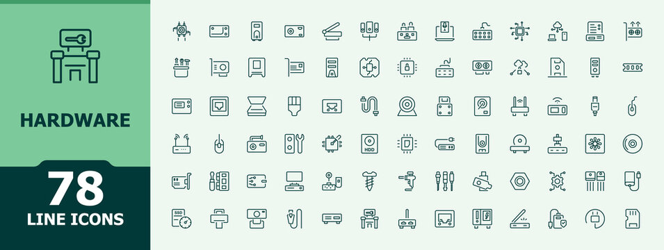 Hardware modern icon set. Minimalist icons pack. Editable vector art and illustration. Gadget icon set. Includes thin line symbols laptop, phone, electronic, computer and more.