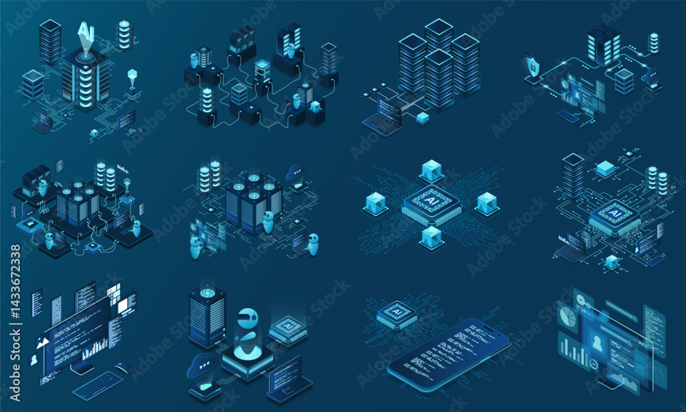 Wall mural set of isometric modern technology concept for cloud computing, datacenter, database, artificial int