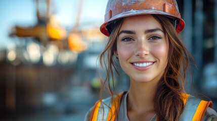 Woman in hard hat and safety vest smiles construction site machinery in background.