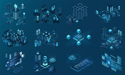 Set of isometric modern technology concept for cloud computing, datacenter, database, artificial intelligence, and blockchain technology. Isometric technology